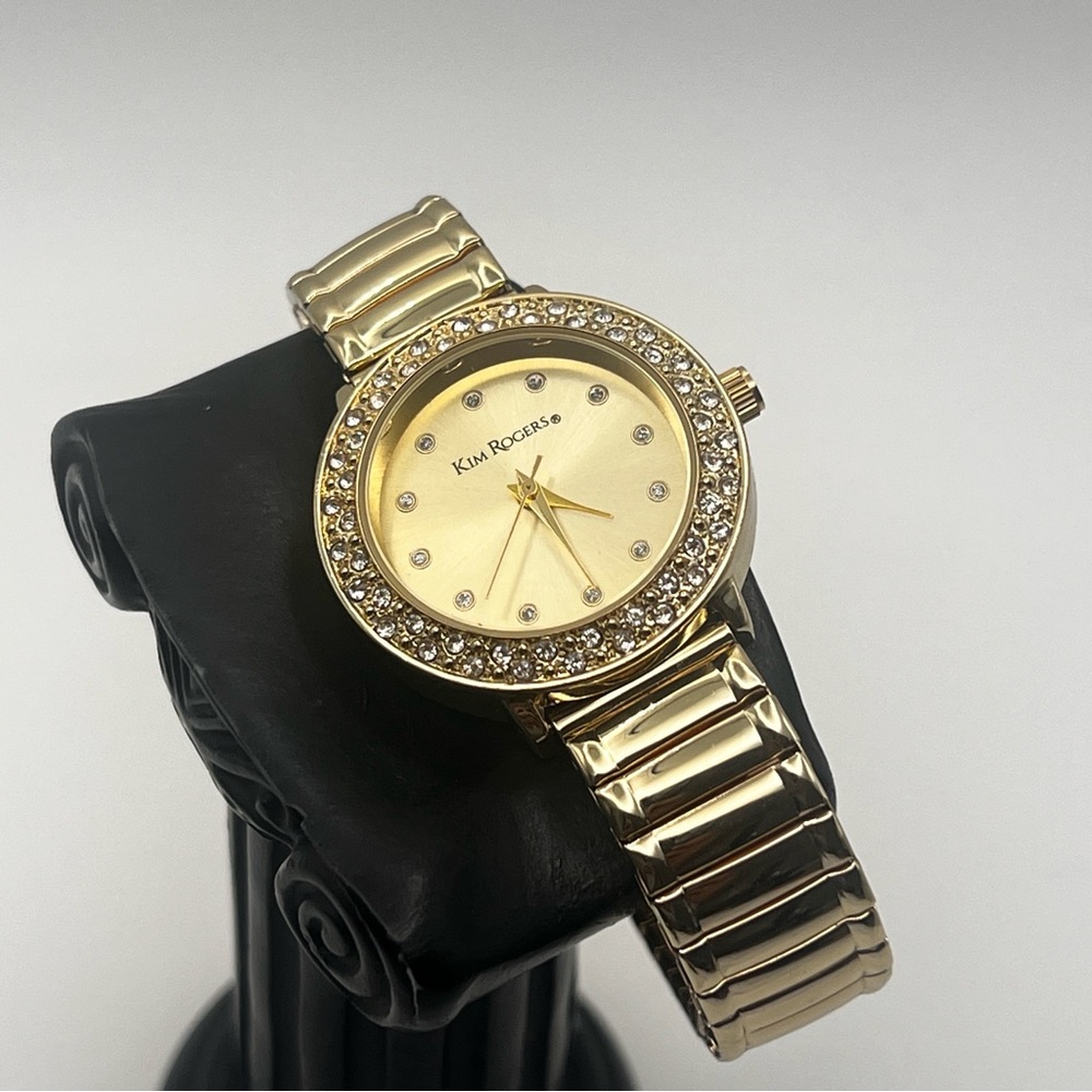 Kim Rogers Gold Stretch Bracelet Watch with Crystal Bezel 6.5" New Battery - Picture 6 of 13